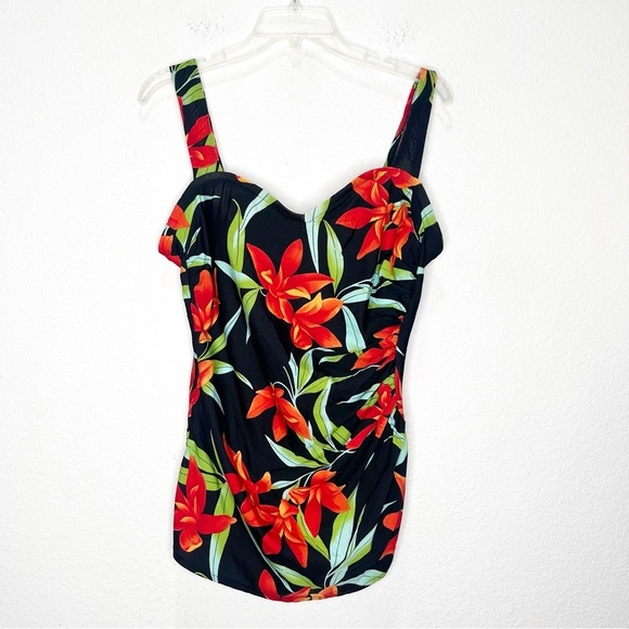 Miraclesuit Skirt Side Ruched Draped Floral One Piece Swimsuit Faux Two Piece - Picture 1 of 11